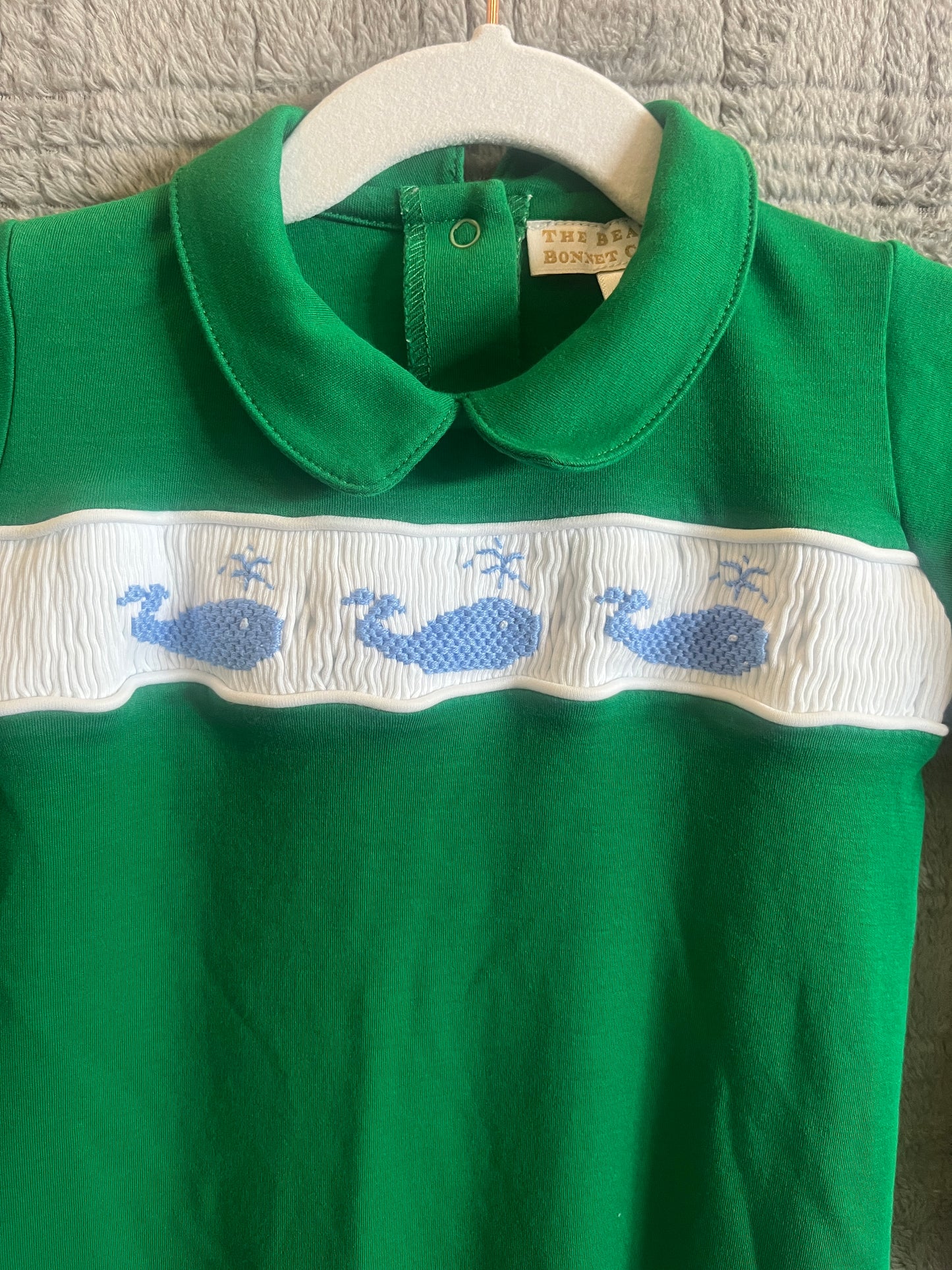 The Beaufort Bonnet Company Green Smocked Whale Long Sleeve Romper 3T