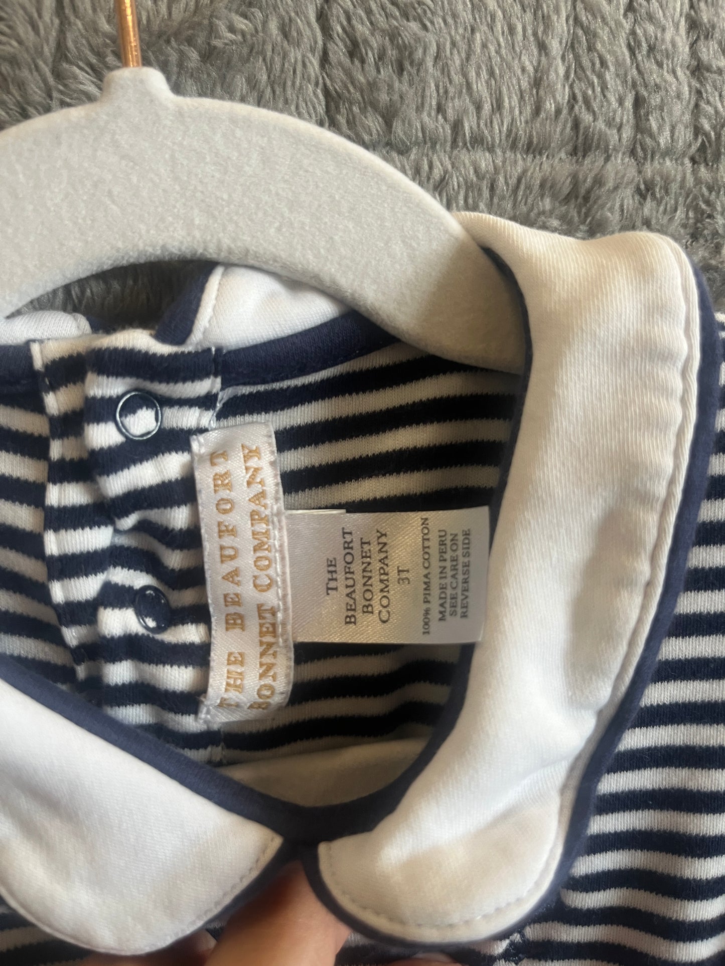 The Beaufort Bonnet Company Navy & White Striped Long Sleeve Romper | 3T