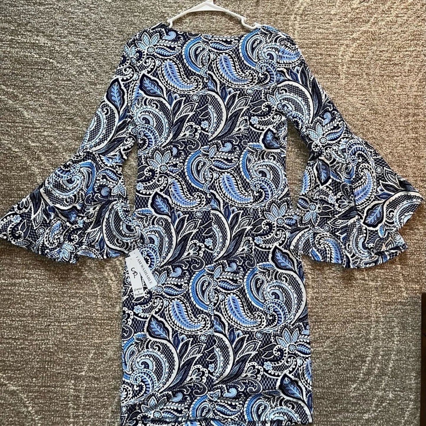 Womens Pencil Dress Size 6 Paisley Blue Black 3/4 Length Flared Sleeves NWT