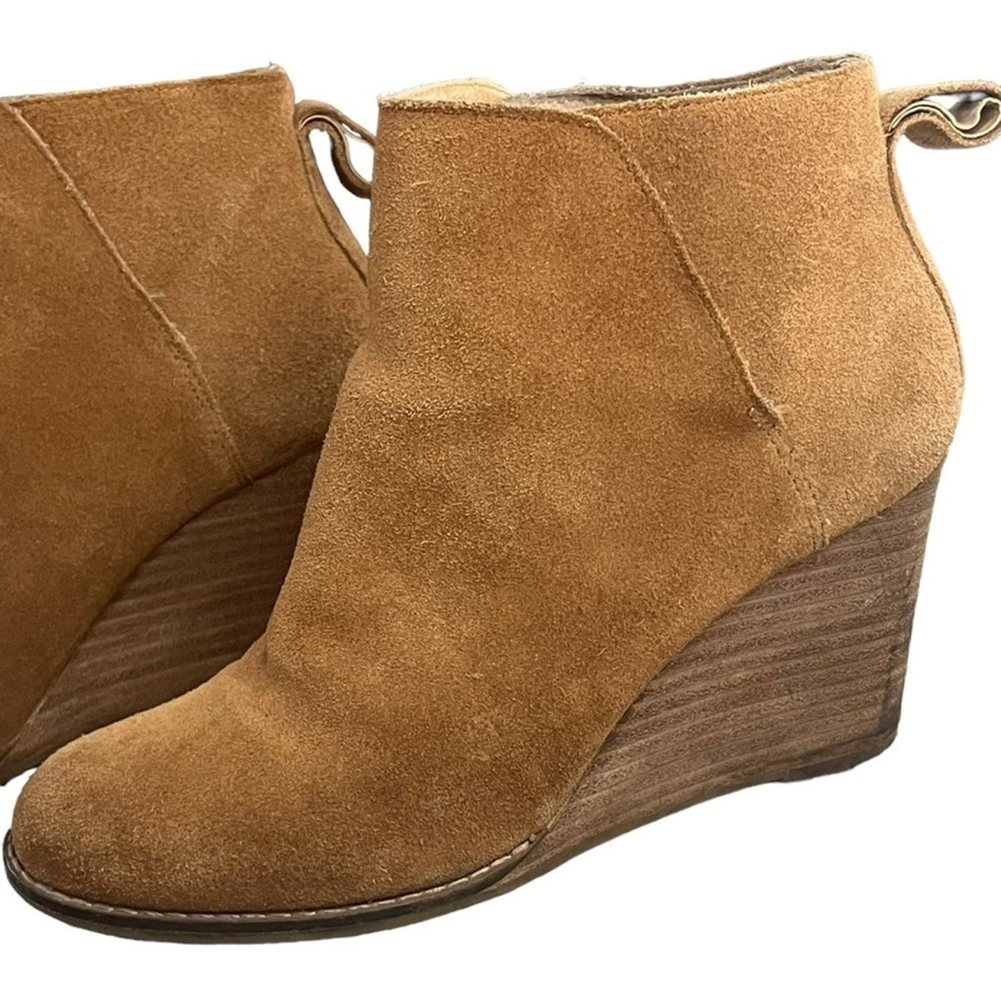 Lucky Brand Ankle Boots Womens Size 8.5 Pull On 3.25” Wedge Cognac Brown Suede