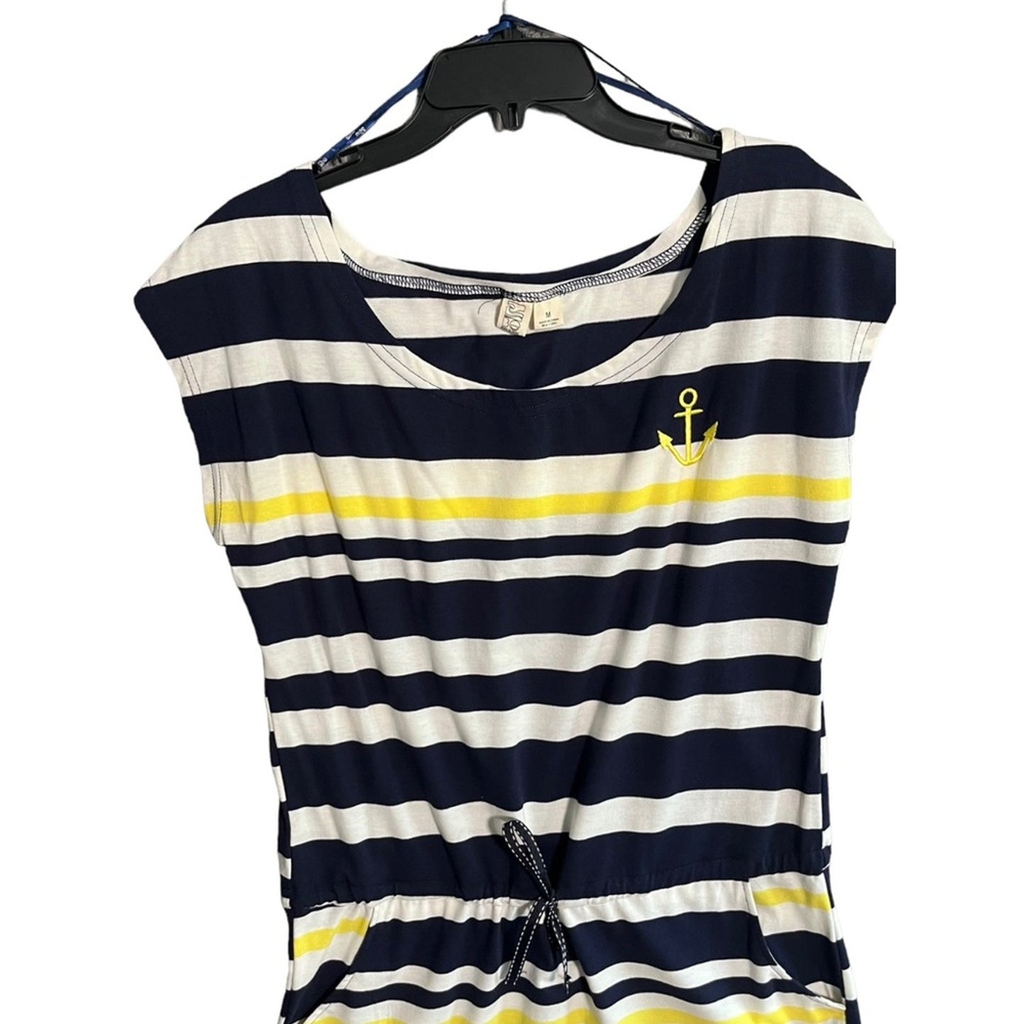 Beach By Exist Womens Medium Nautical Striped Navy White Yellow Drawstring Dress
