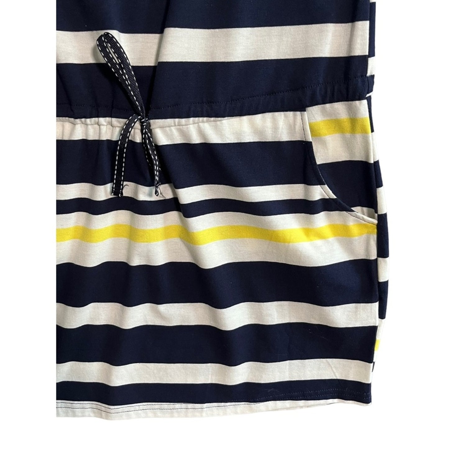 Beach By Exist Womens Medium Nautical Striped Navy White Yellow Drawstring Dress