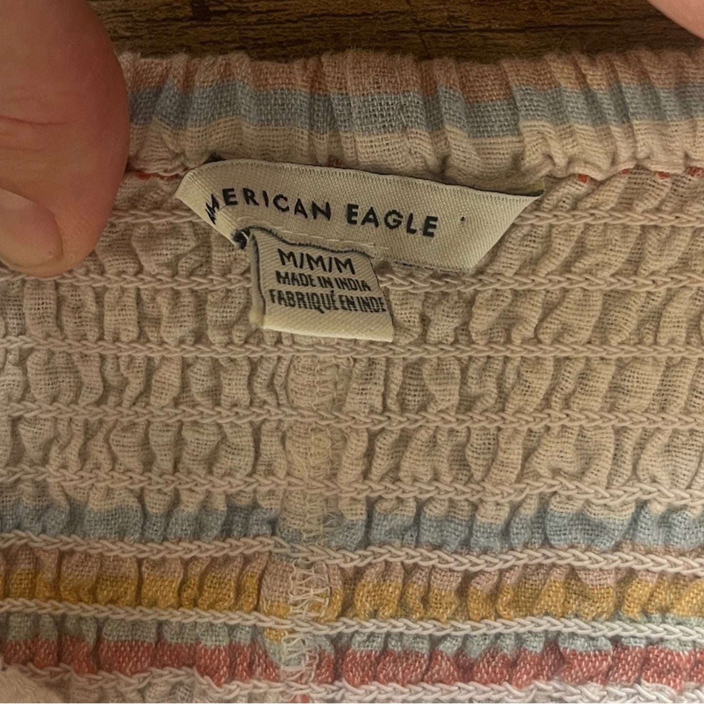 American Eagle Cropped Smocked Top Medium Rainbow Peasant Linen Blend Ruffle