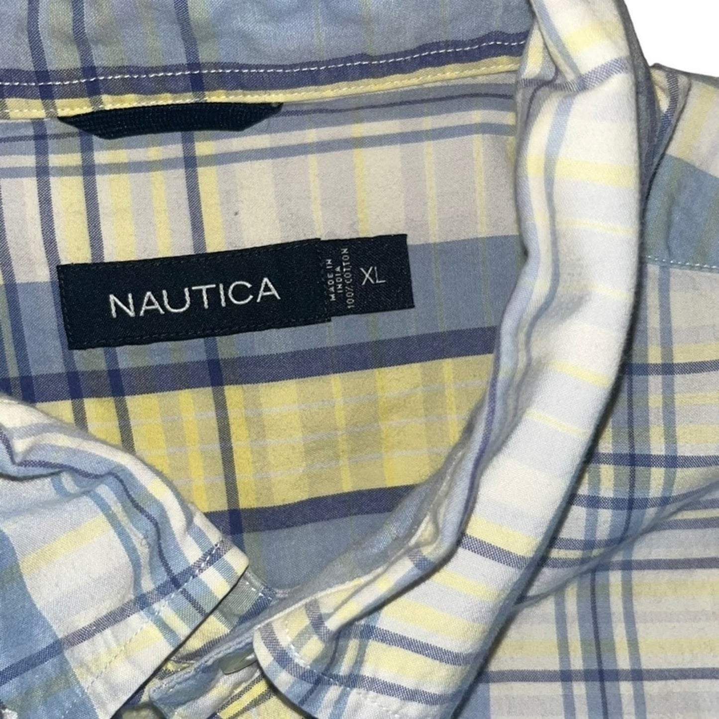 Nautica Mens Size XL Blue Yellow White Short Sleeve Button Down Shirt