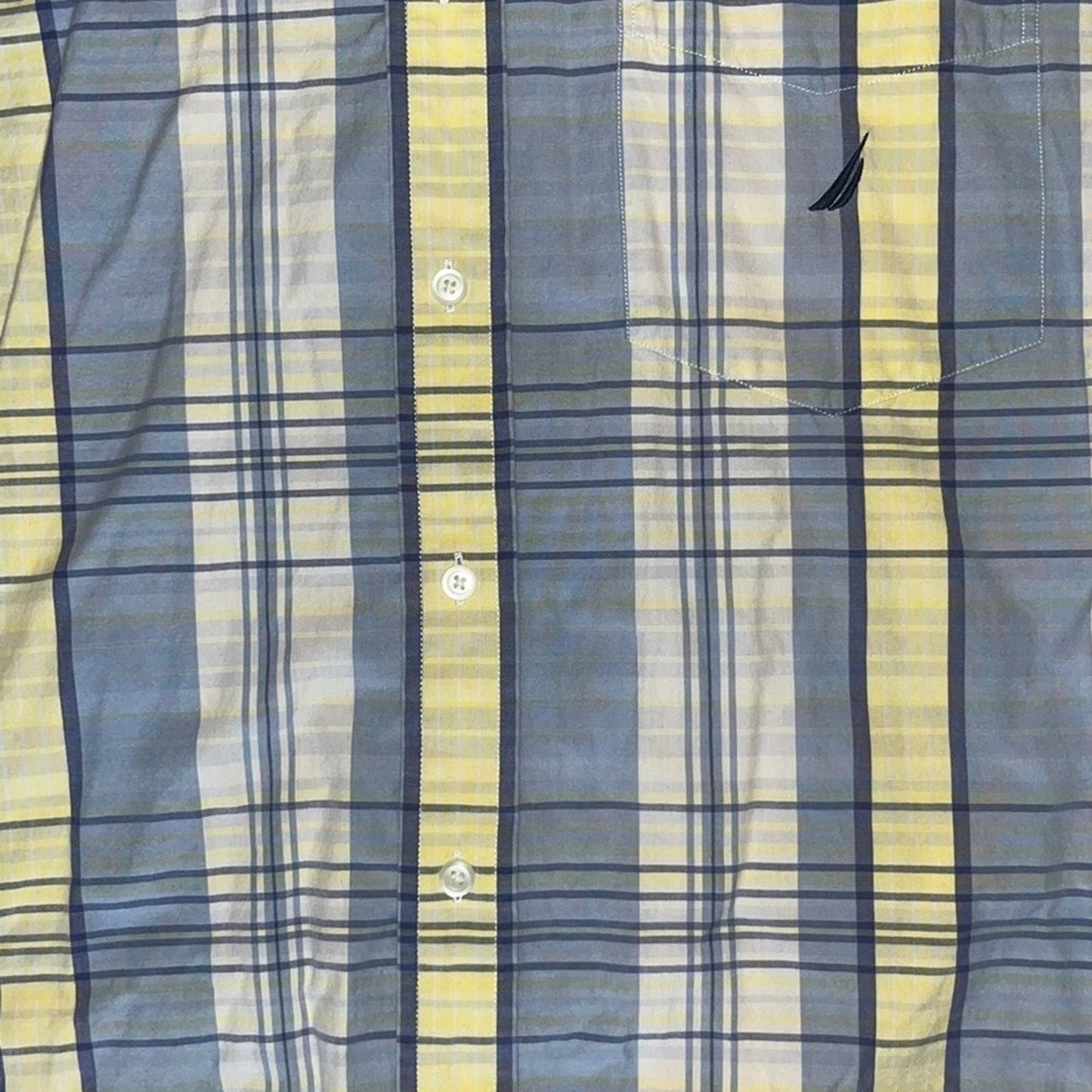 Nautica Mens Size XL Blue Yellow White Short Sleeve Button Down Shirt