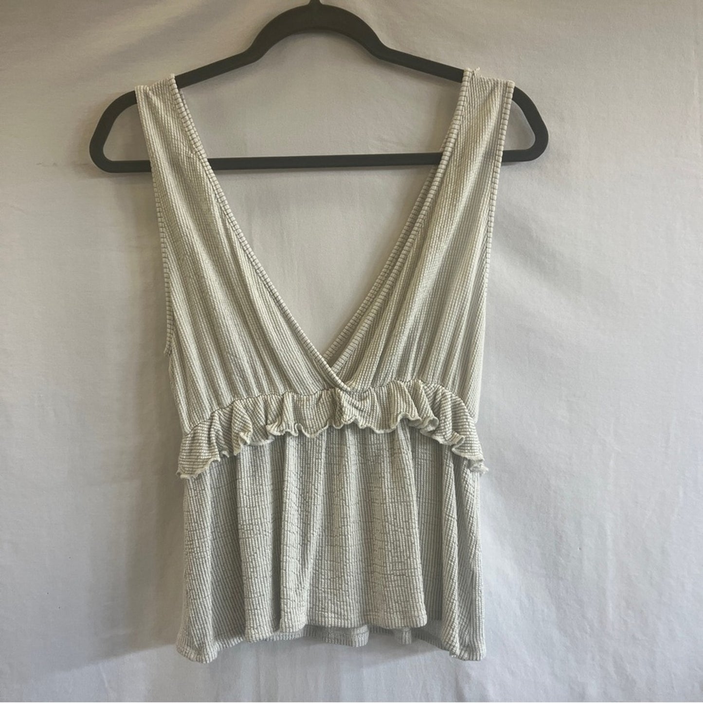 Womens Large Ribbed Knit Tank Deep V Neck Cream Ruffled Waist Babydoll Y2K Urban