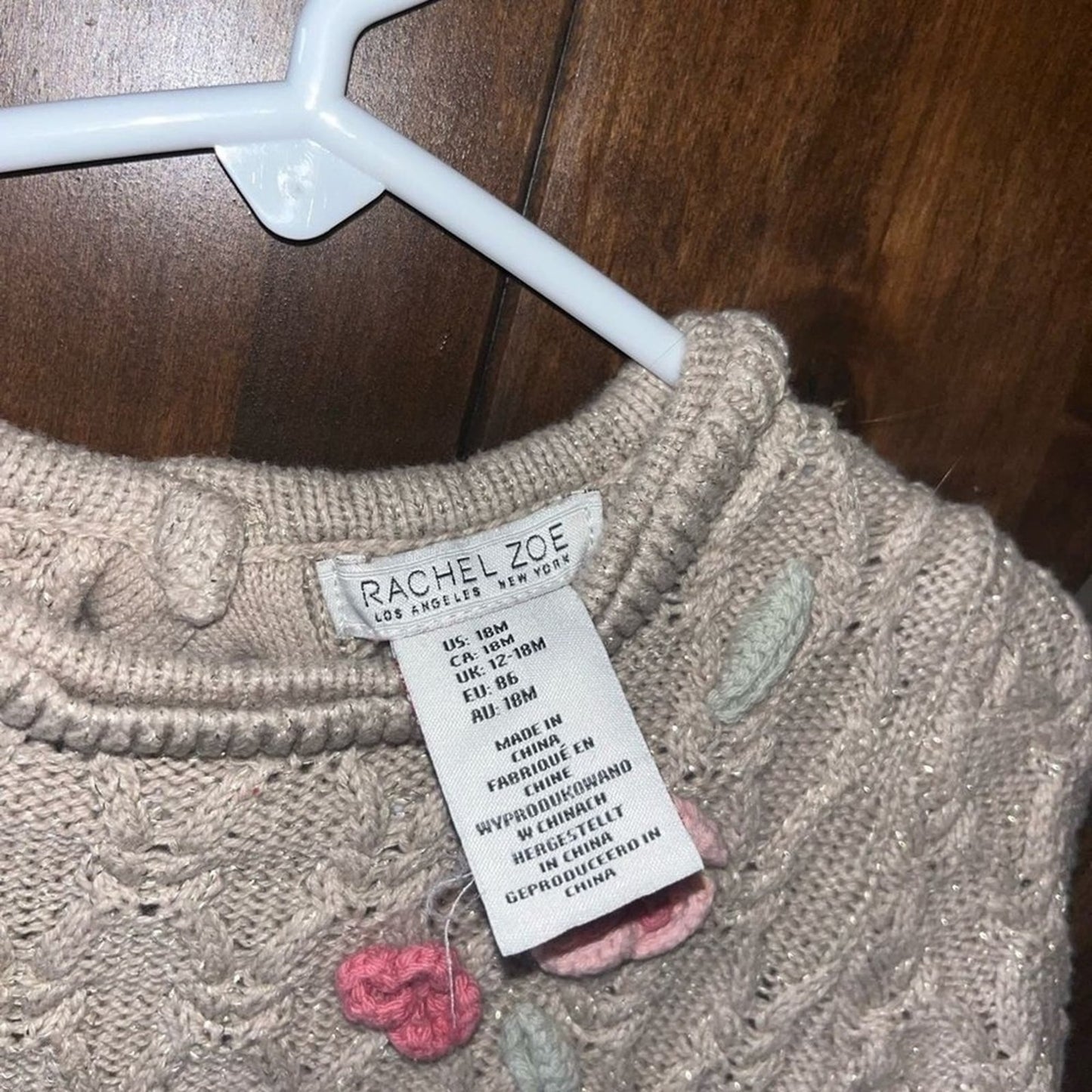 Rachel Zoe GirlsToddler 18 month Tan Knitted Long Sleeve Dress w/ Flower Accent