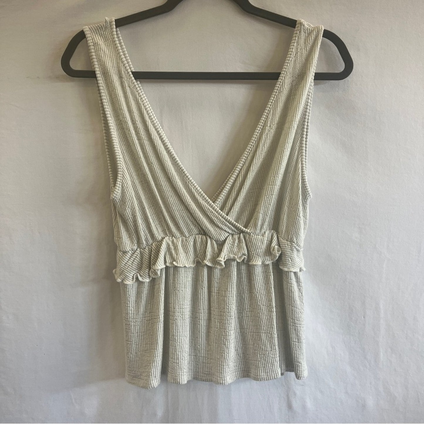 Womens Large Ribbed Knit Tank Deep V Neck Cream Ruffled Waist Babydoll Y2K Urban