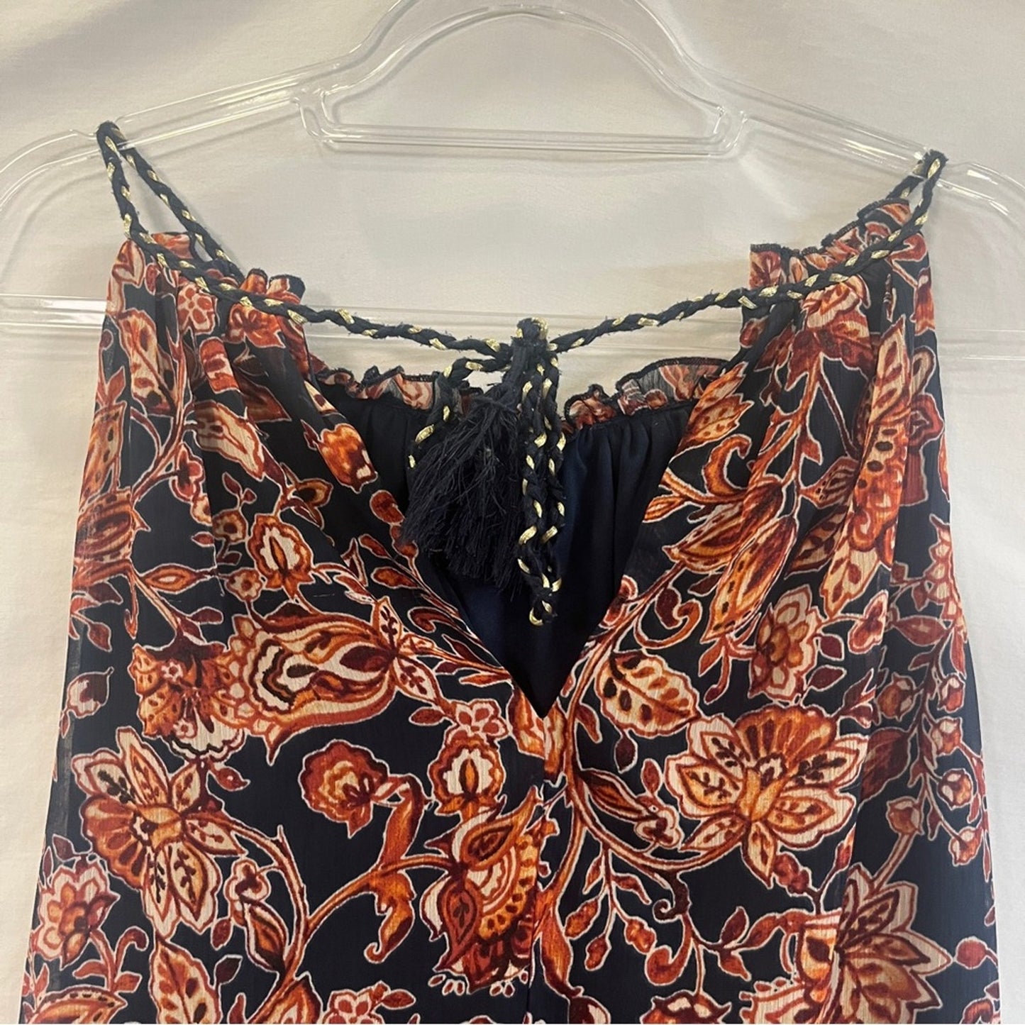 Womens Dress Size Small Navy Orange Long Neck Tie Sheer Bottom Upper Lining Work