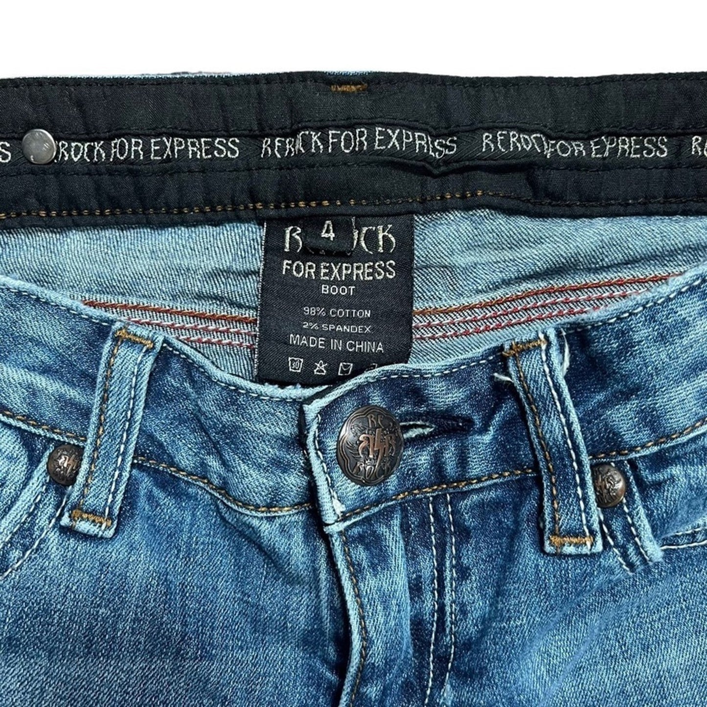 REROCK for Express Bootcut Low Rise Jeans Womens Size 4 Medium Wash Rodeo Biker