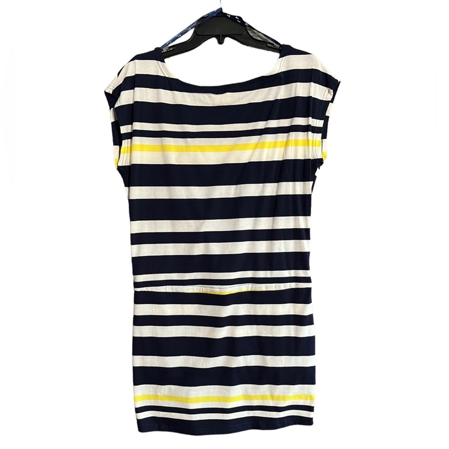 Beach By Exist Womens Medium Nautical Striped Navy White Yellow Drawstring Dress
