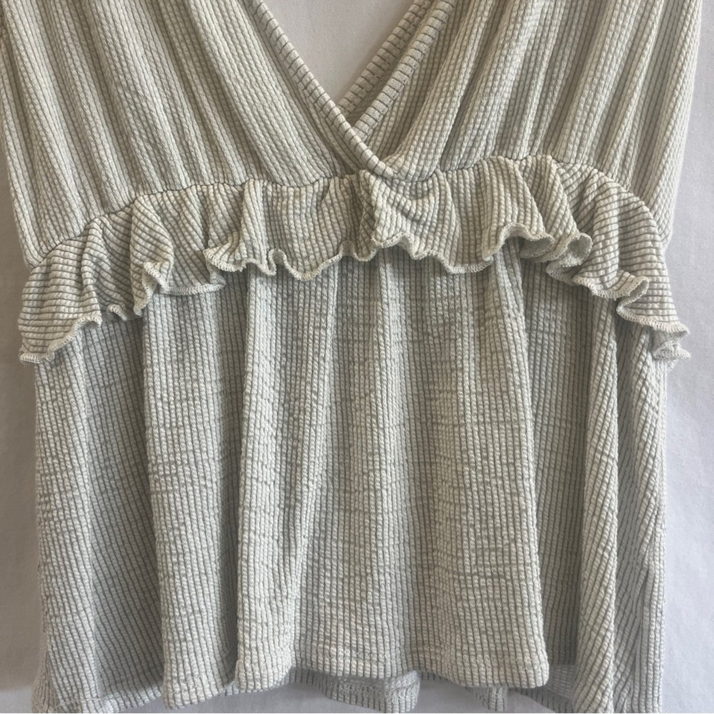 Womens Large Ribbed Knit Tank Deep V Neck Cream Ruffled Waist Babydoll Y2K Urban