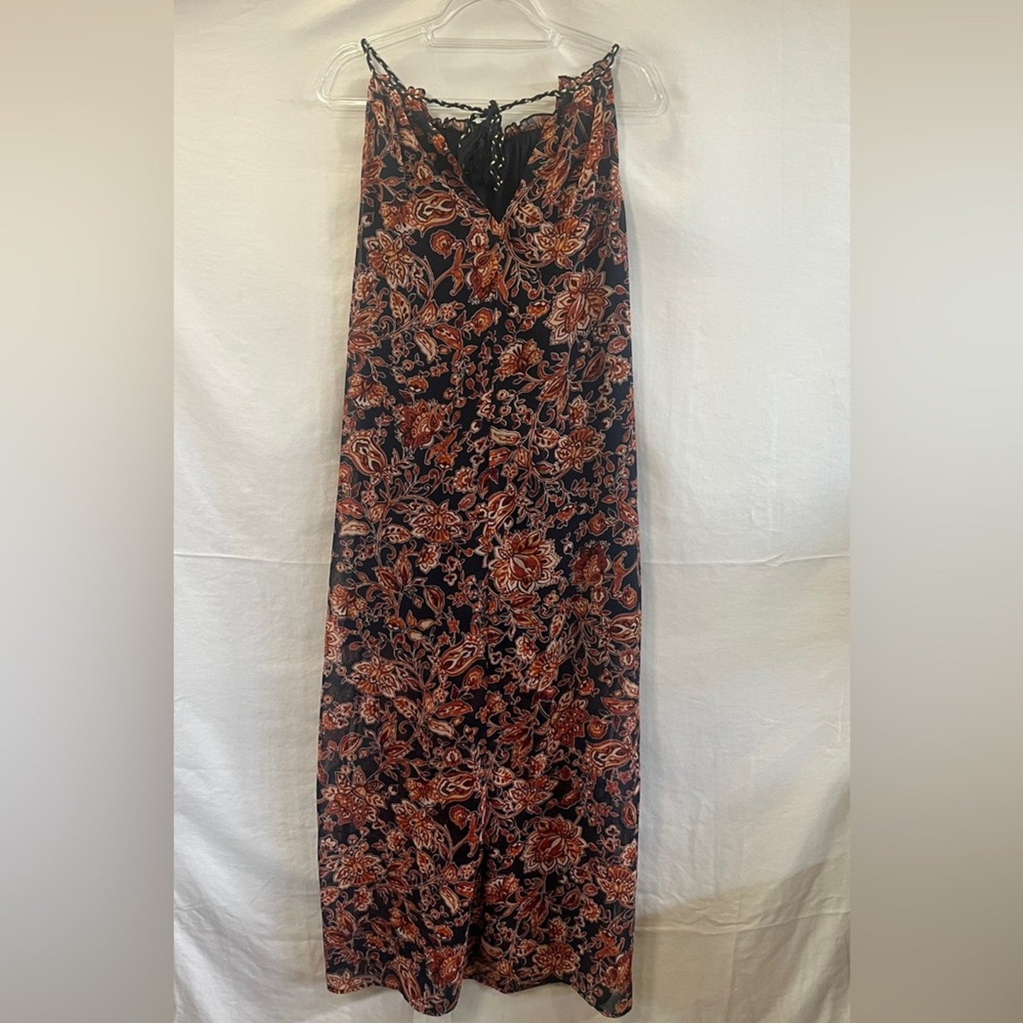 Womens Dress Size Small Navy Orange Long Neck Tie Sheer Bottom Upper Lining Work