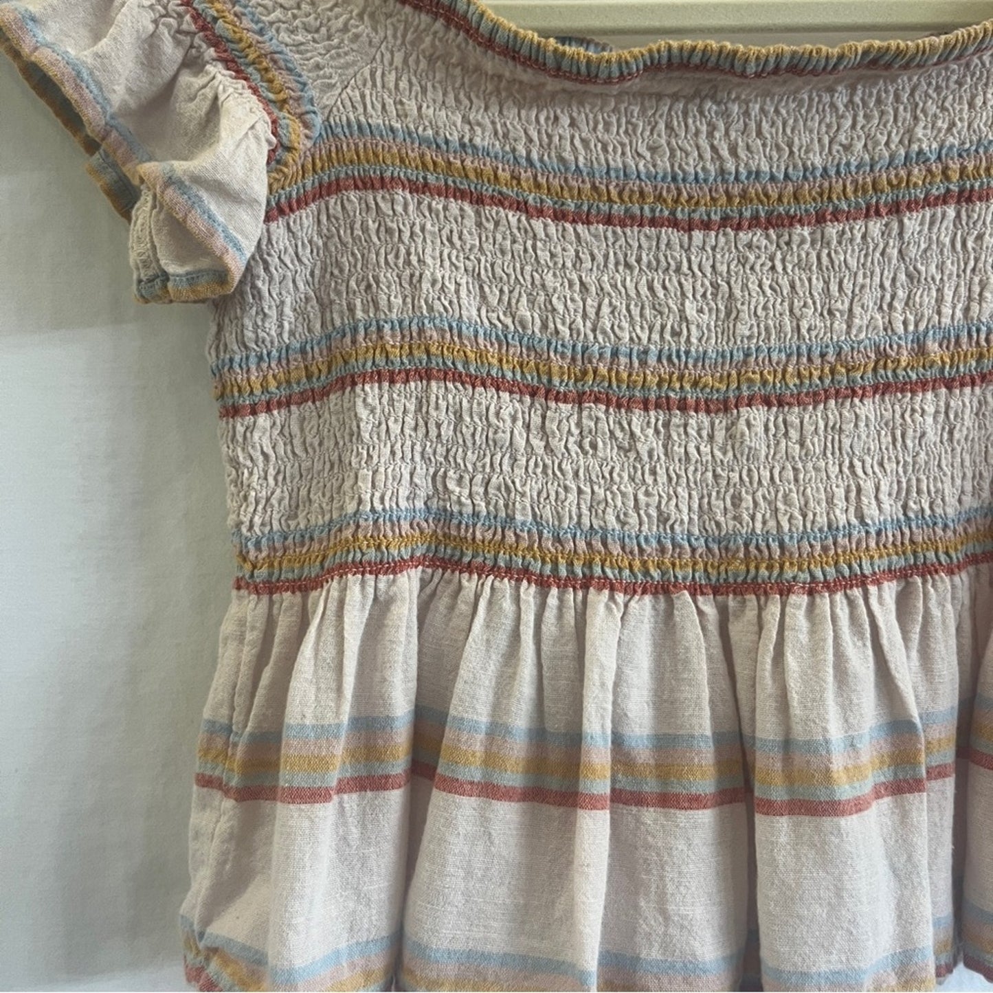 American Eagle Cropped Smocked Top Medium Rainbow Peasant Linen Blend Ruffle