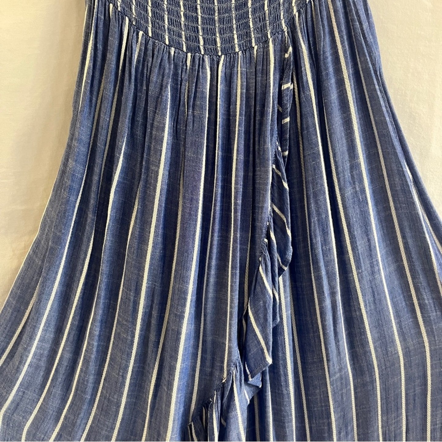 Blue Island Strapless Smocked Dress Medium Blue White Stripes Ruffle Beachy Boho