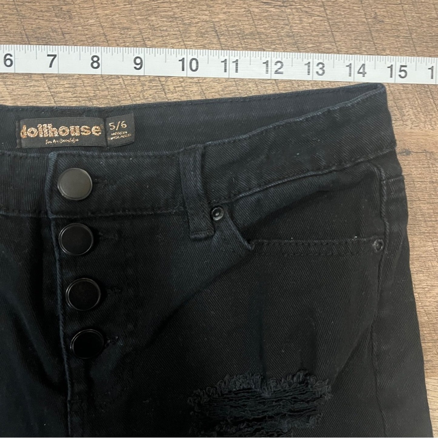 Dollhouse Black Denim Shorts Juniors Size 5/6 Roll Up Buttonfly Stretch Distress