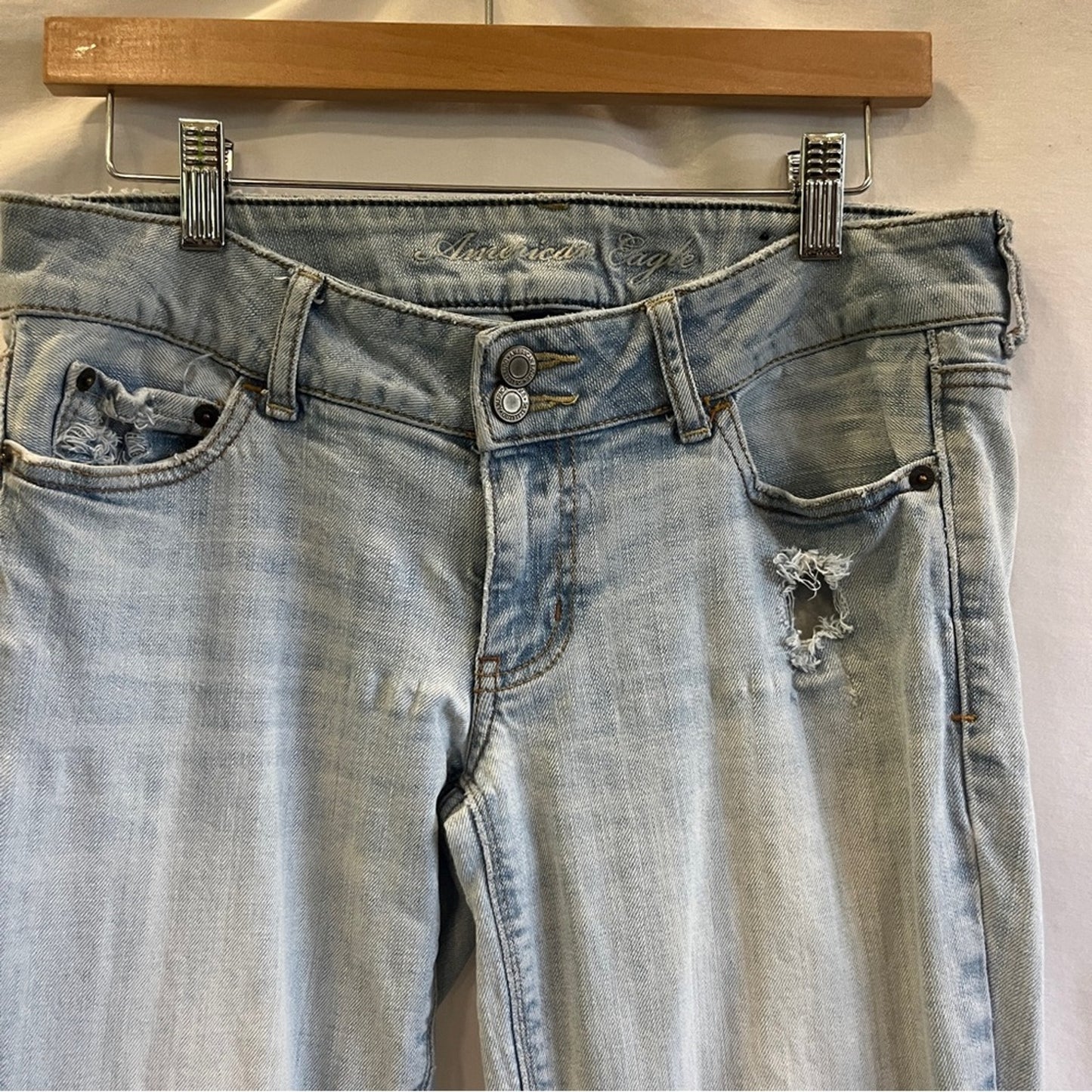 Vintage American Eagle Stretch Artist Denim Jeans Flares Size 8 Long Light Wash