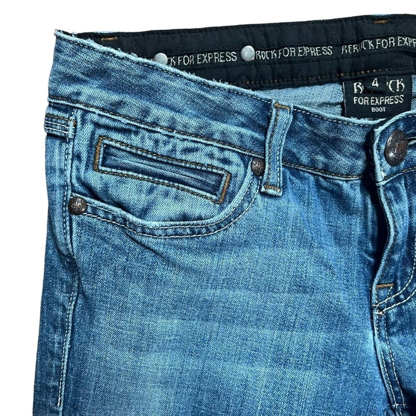 REROCK for Express Bootcut Low Rise Jeans Womens Size 4 Medium Wash Rodeo Biker