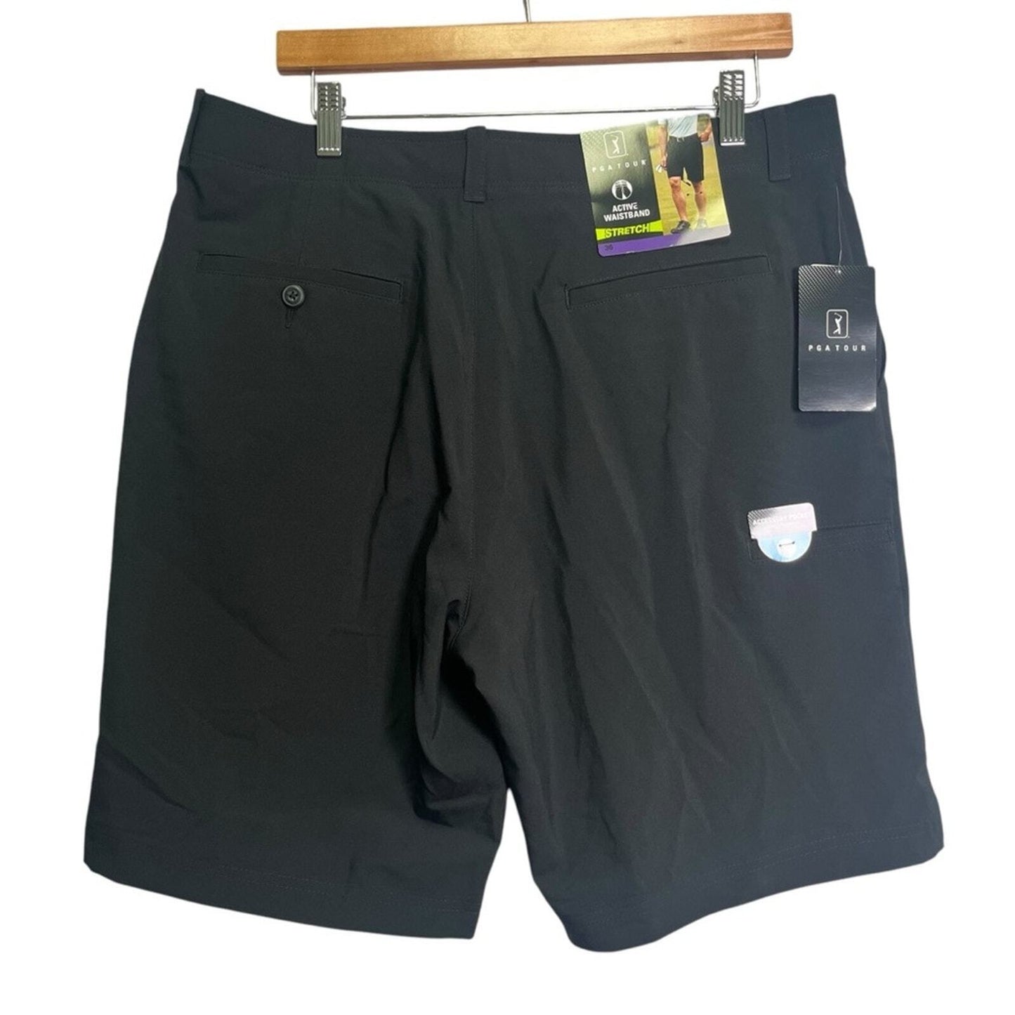 PGA Tour Mens Size 36 Black Active Waistband Stretch Flat Front Golf Shorts NWT