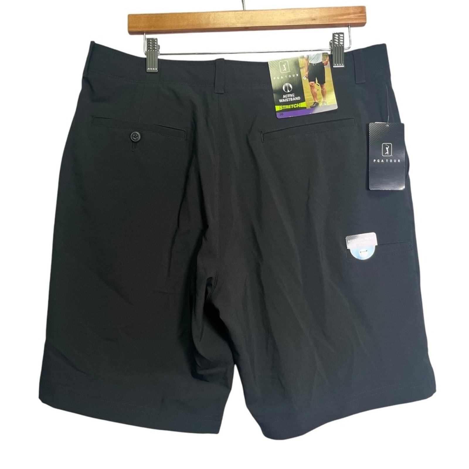 PGA Tour Mens Size 36 Black Active Waistband Stretch Flat Front Golf Shorts NWT