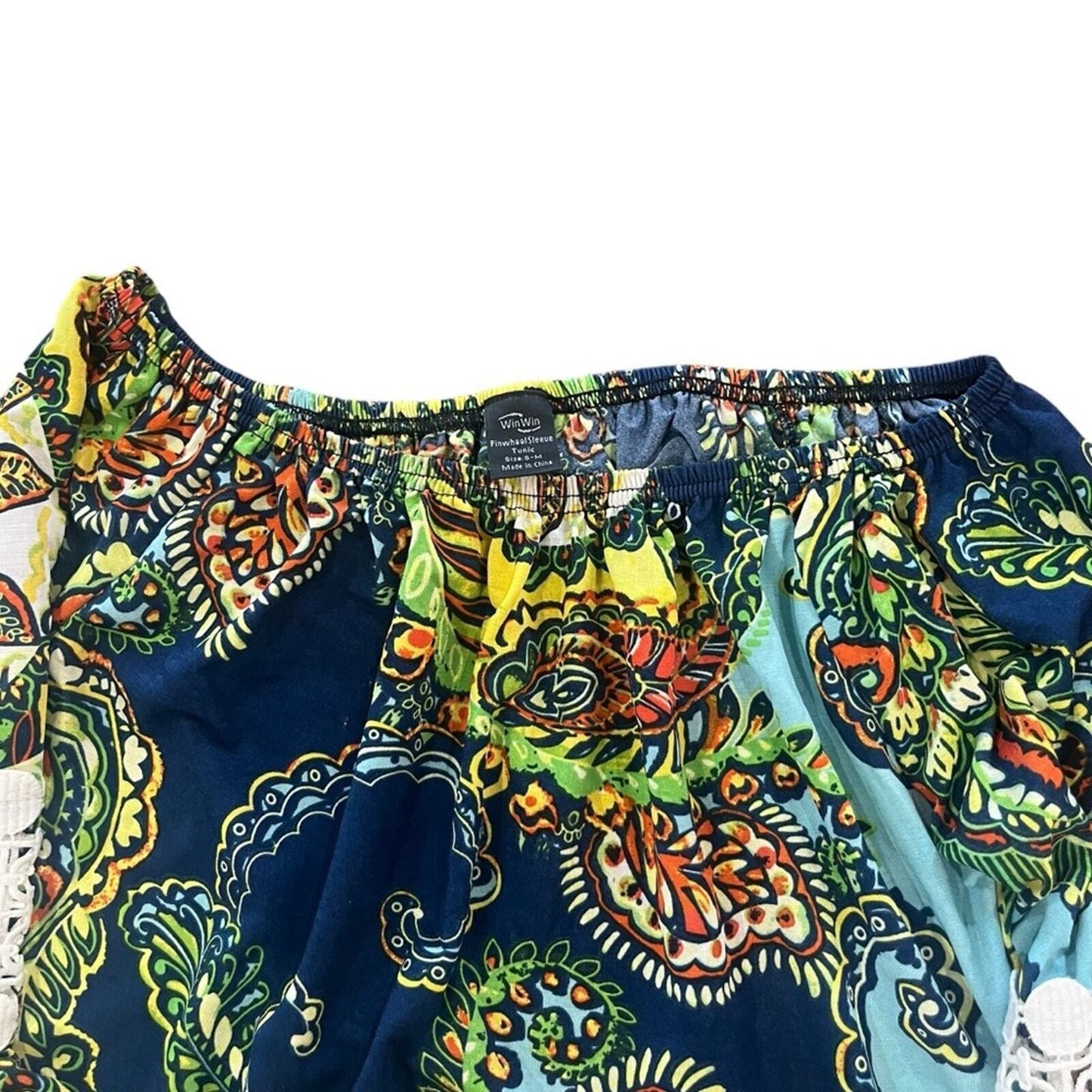 Win Win Womens Small Medium Multicolor Paisley Boho Pinwheel Sleeve Tunic Top