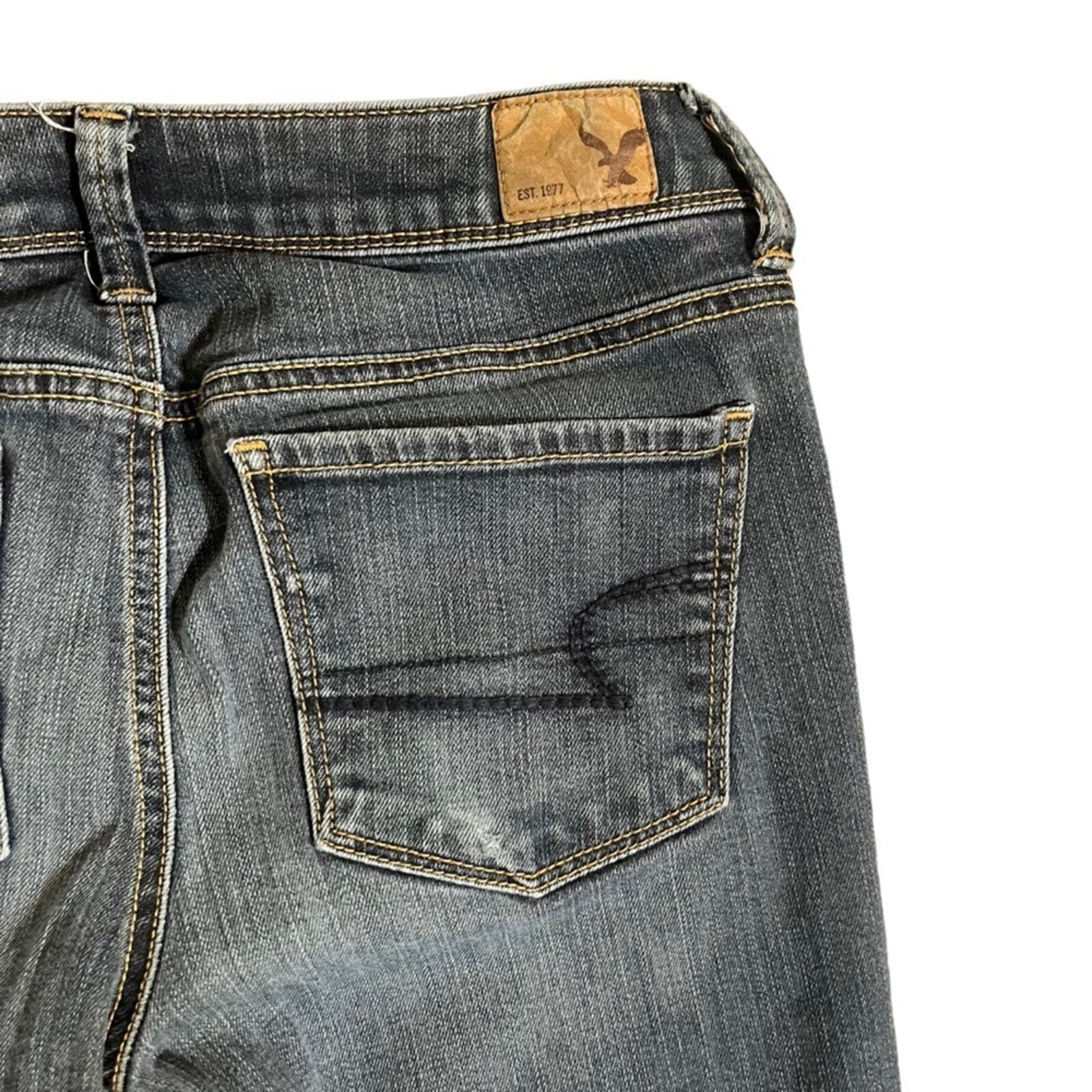 American Eagle Womens Mid Rise Super Skinny 4 Long Jeans Whiskered Front 