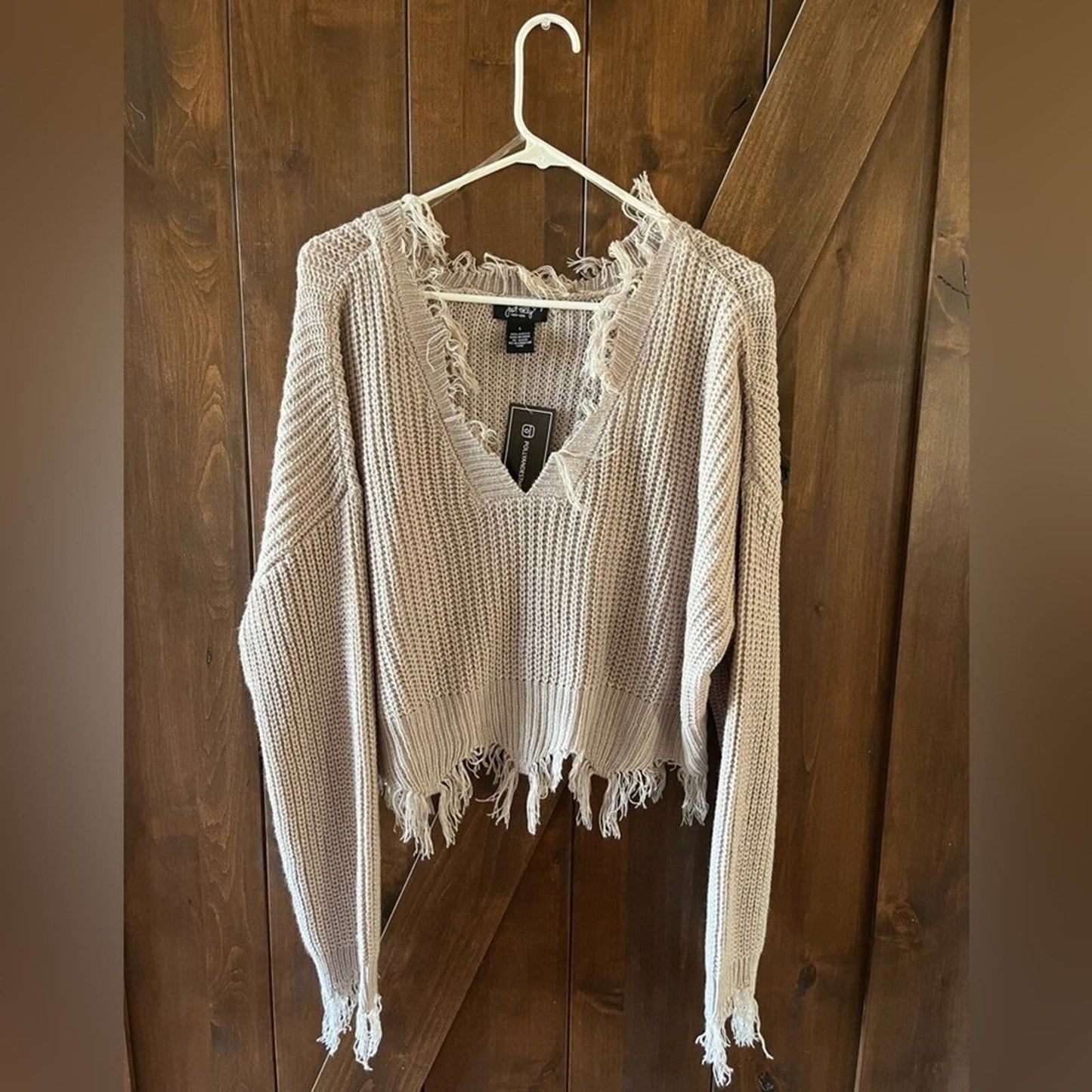 Crop Top Womens Large Tan Sweater With Fraying NWT