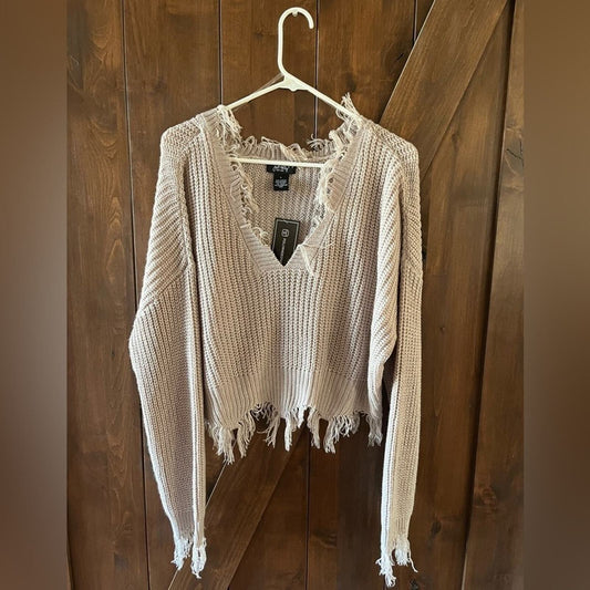 Crop Top Womens Large Tan Sweater With Fraying NWT