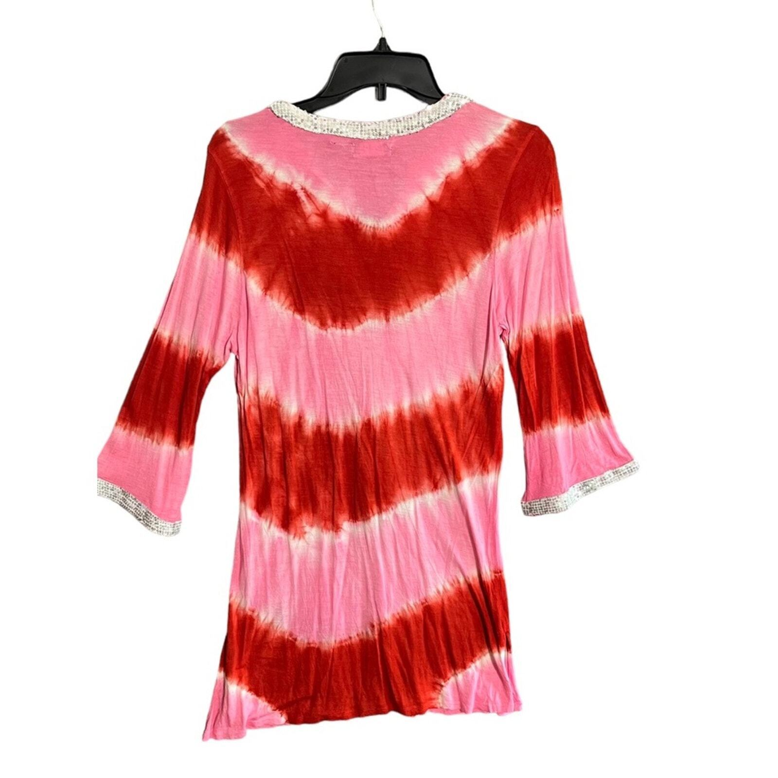 Raviya Womens Small Red Pink Tie Dyed Sequin Neck Lower Sleeve Swim Coverup NWT