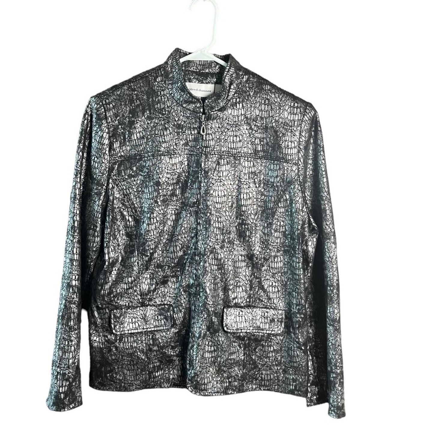Alfred Dunner Womens Size 10 Black Metallic Silver Zip Up Lightweight Jacket 