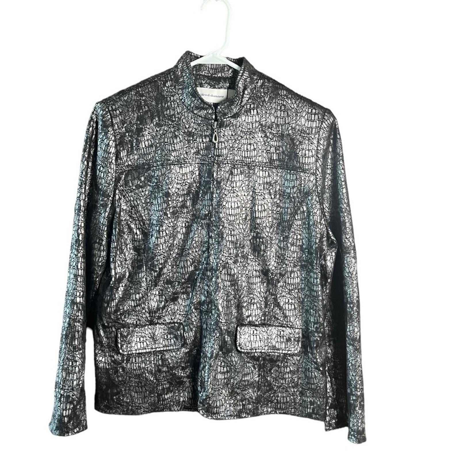 Alfred Dunner Womens Size 10 Black Metallic Silver Zip Up Lightweight Jacket 