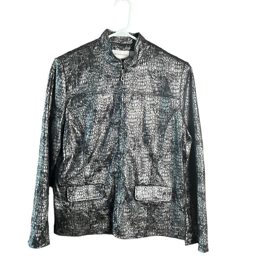 Alfred Dunner Womens Size 10 Black Metallic Silver Zip Up Lightweight Jacket 