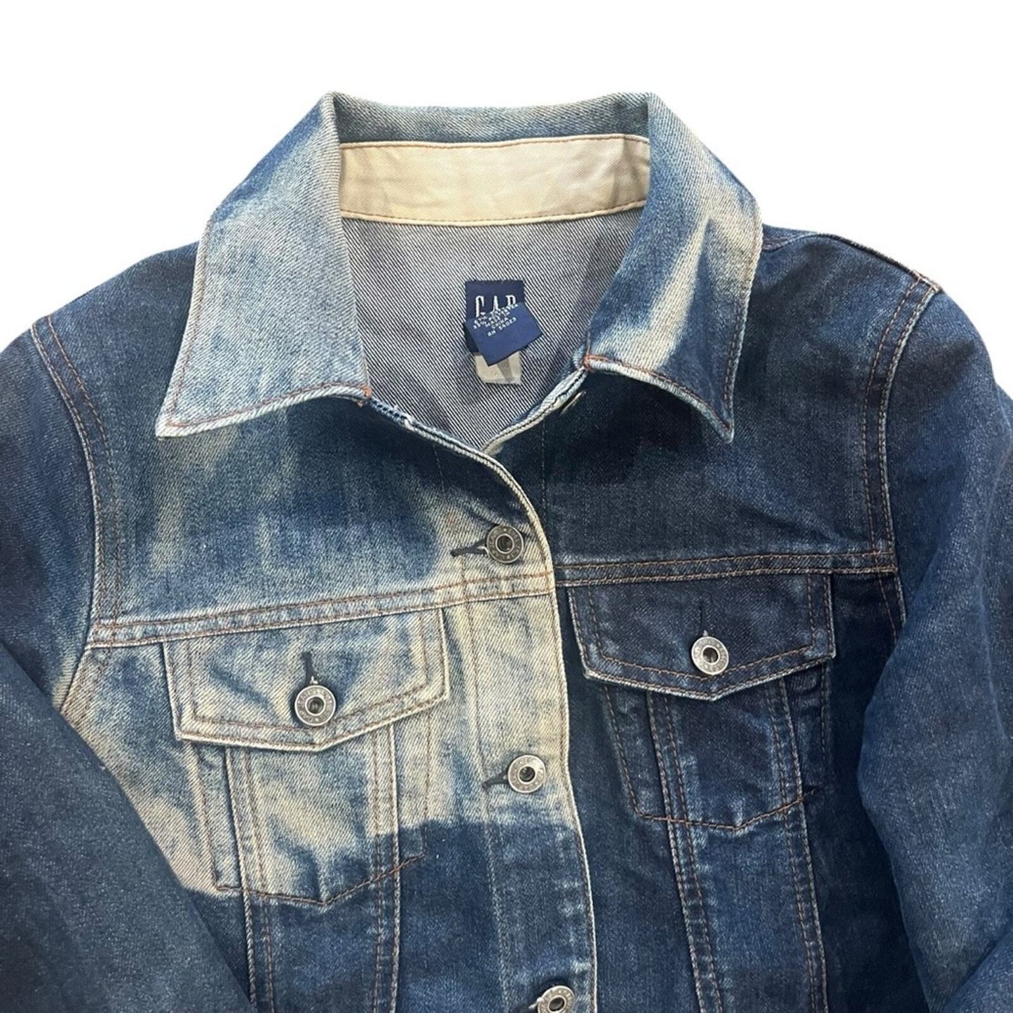 GAP Womens Size Small Y2K Distressed Bleached Denim Blue Jean Trucker Jacket
