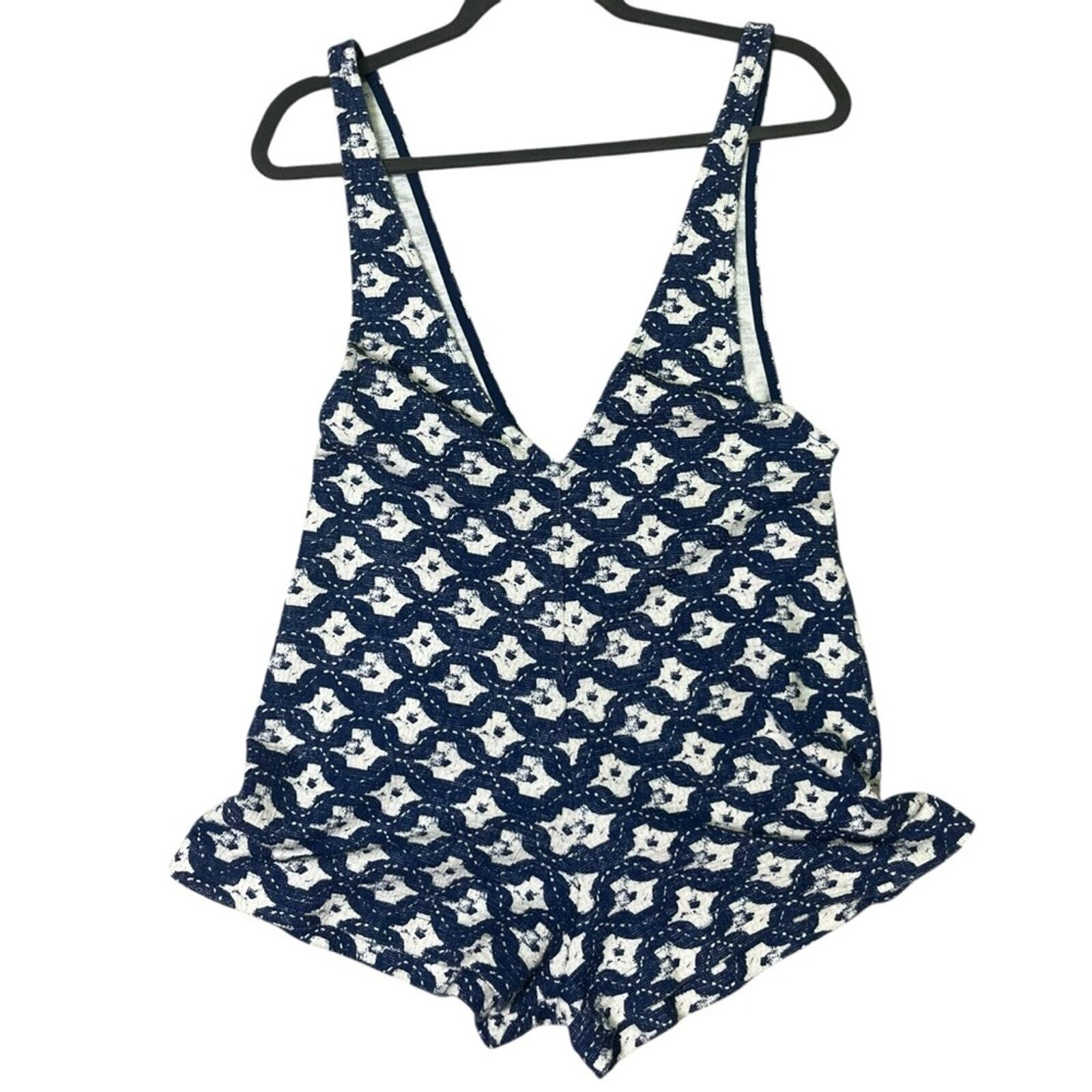 ZARA Trafaluc Size Small 1 Piece Blue White Sleeveless Deep V Neck Romper
