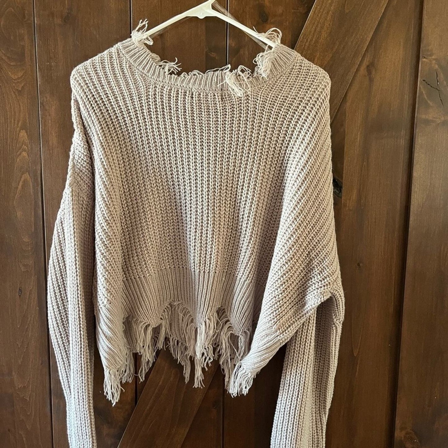 Crop Top Womens Large Tan Sweater With Fraying NWT