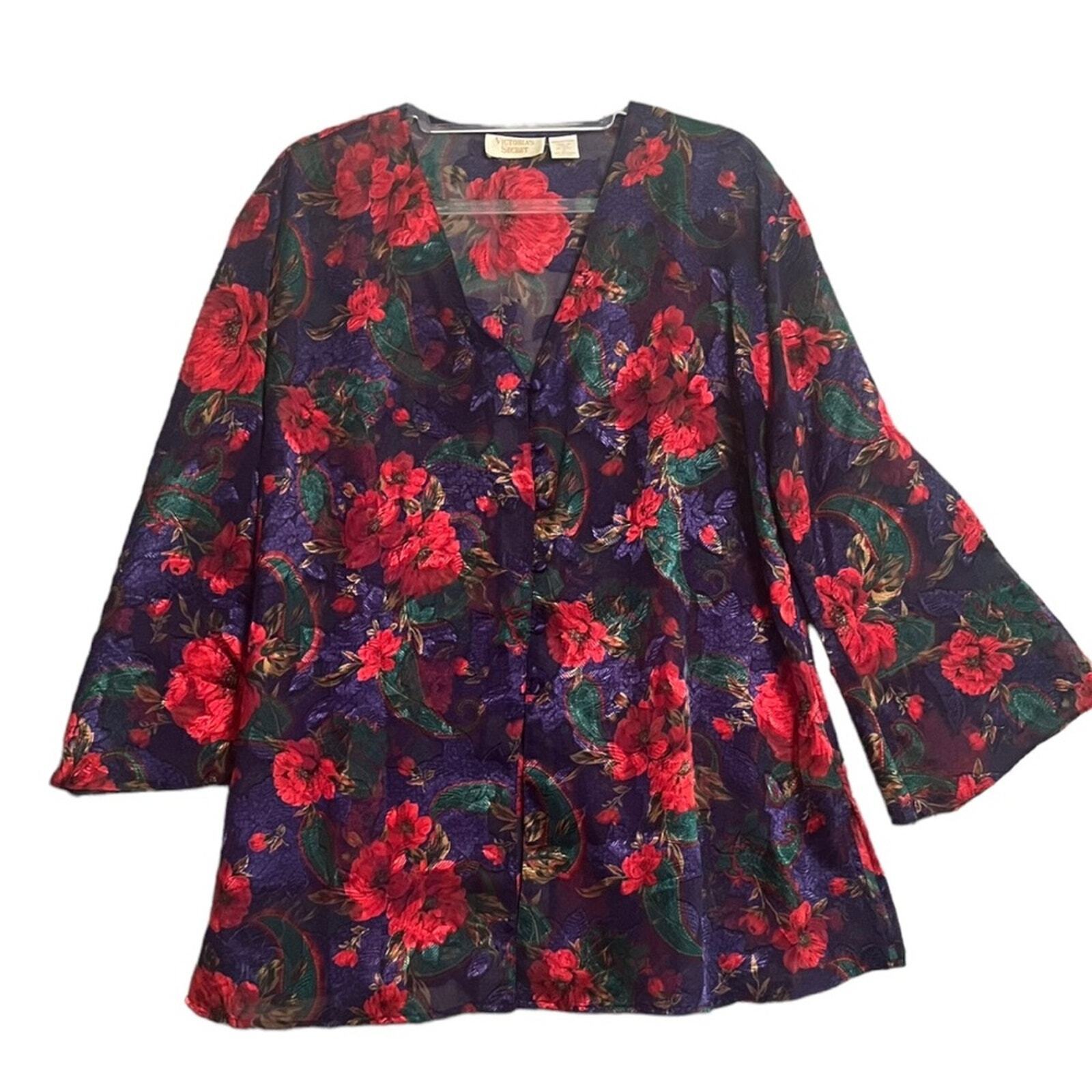 Vintage Victoria's Secret Womens Small Gold Label Red Purple Floral Kimono Top