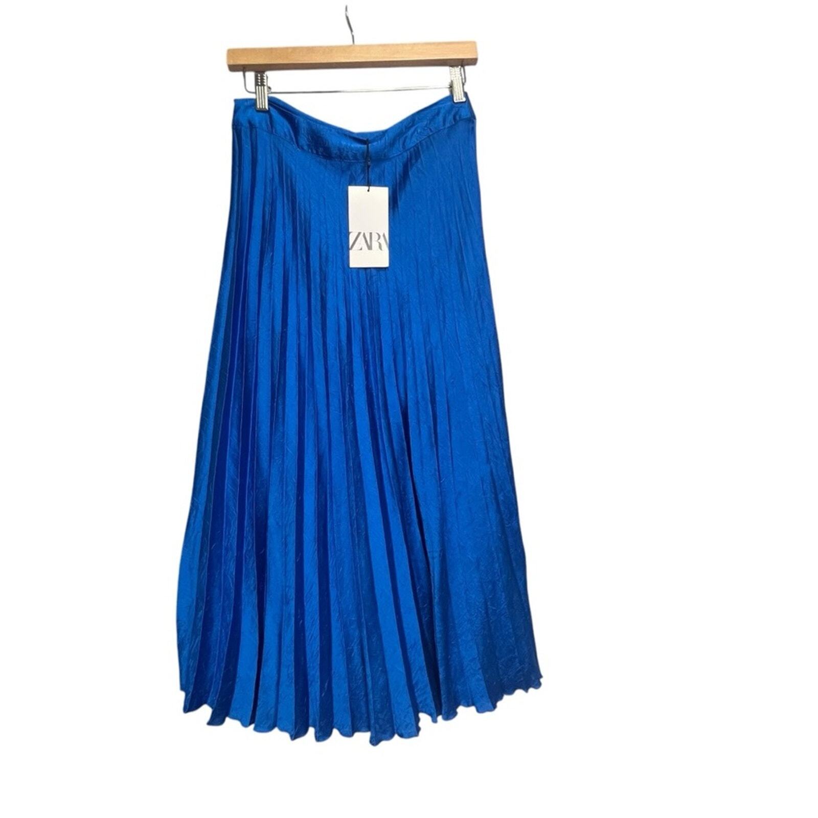 ZARA Womens Blue Shiny Pleated Satin Midi Skirt Size Medium NWT
