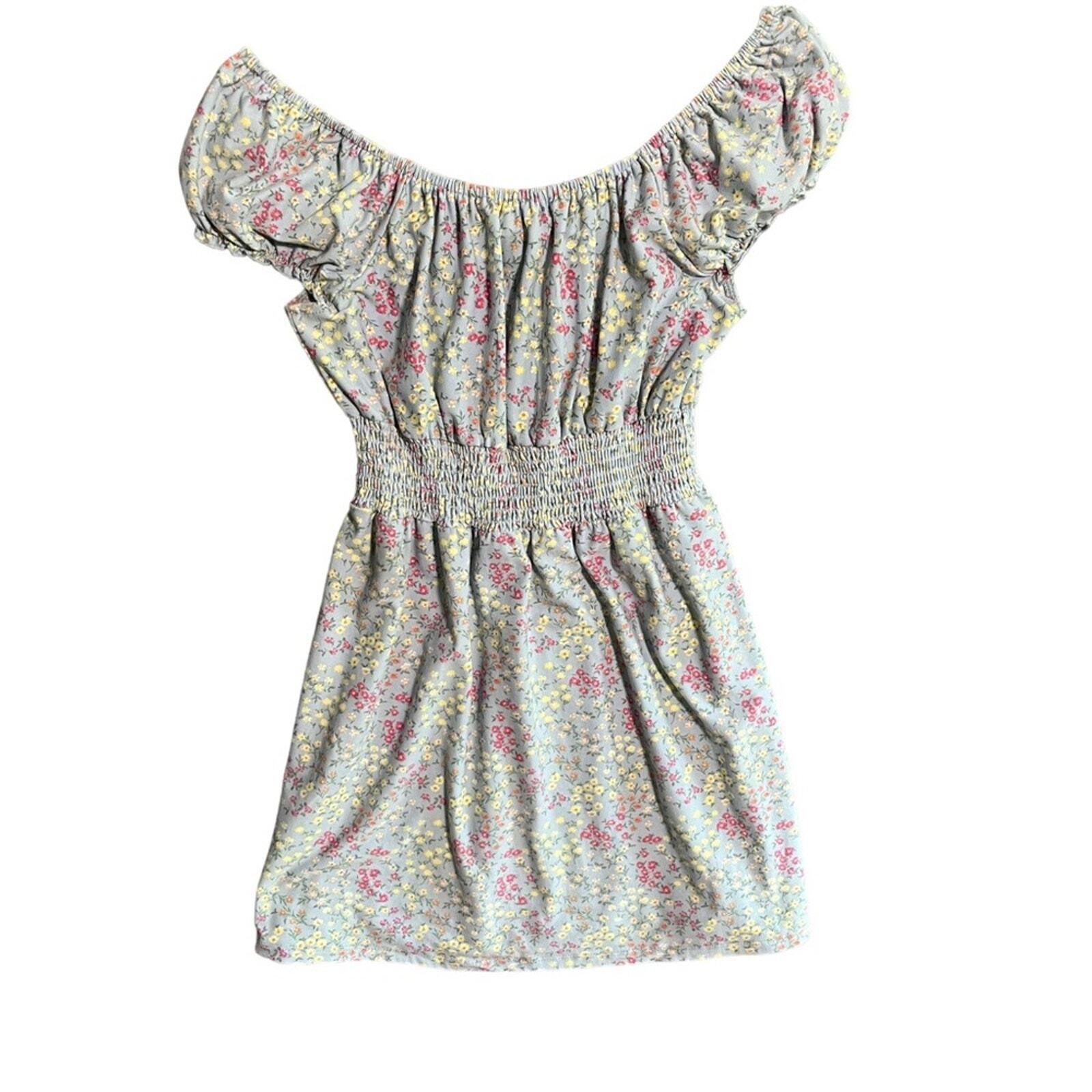 No Comment Womens Medium Blue Floral Short Elastic Off Shoulder Mini Dress