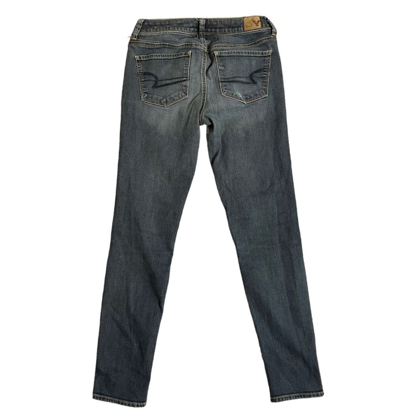 American Eagle Womens Mid Rise Super Skinny 4 Long Jeans Whiskered Front 