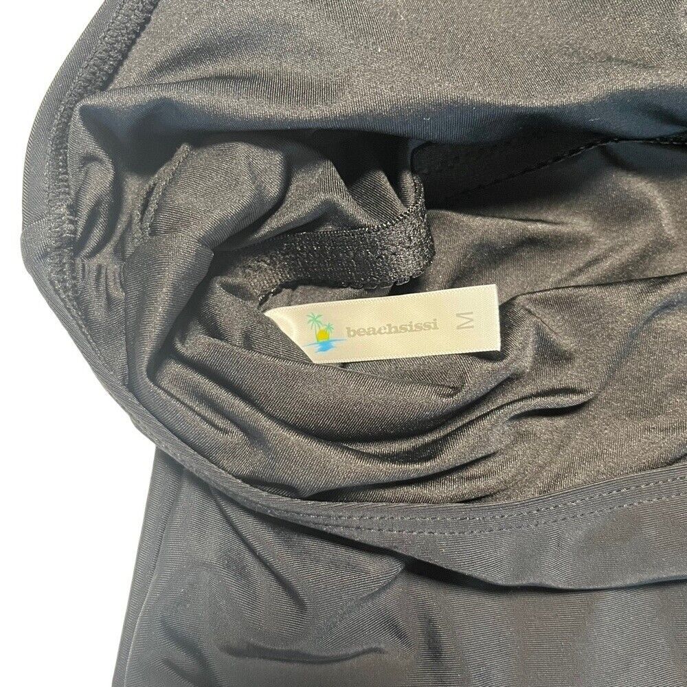 Beachsissi Black Side Drawstrings, Neck Tie, Halter, Tankini Swim Top I Size M
