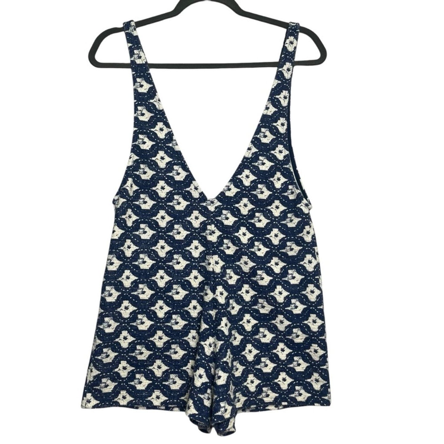 ZARA Trafaluc Size Small 1 Piece Blue White Sleeveless Deep V Neck Romper