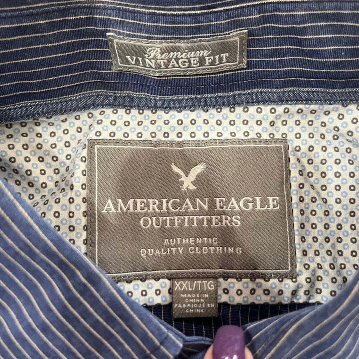 American Eagle Men's Size XXL Premium Vintage Fit Blue & Gray Button Down Shirt 