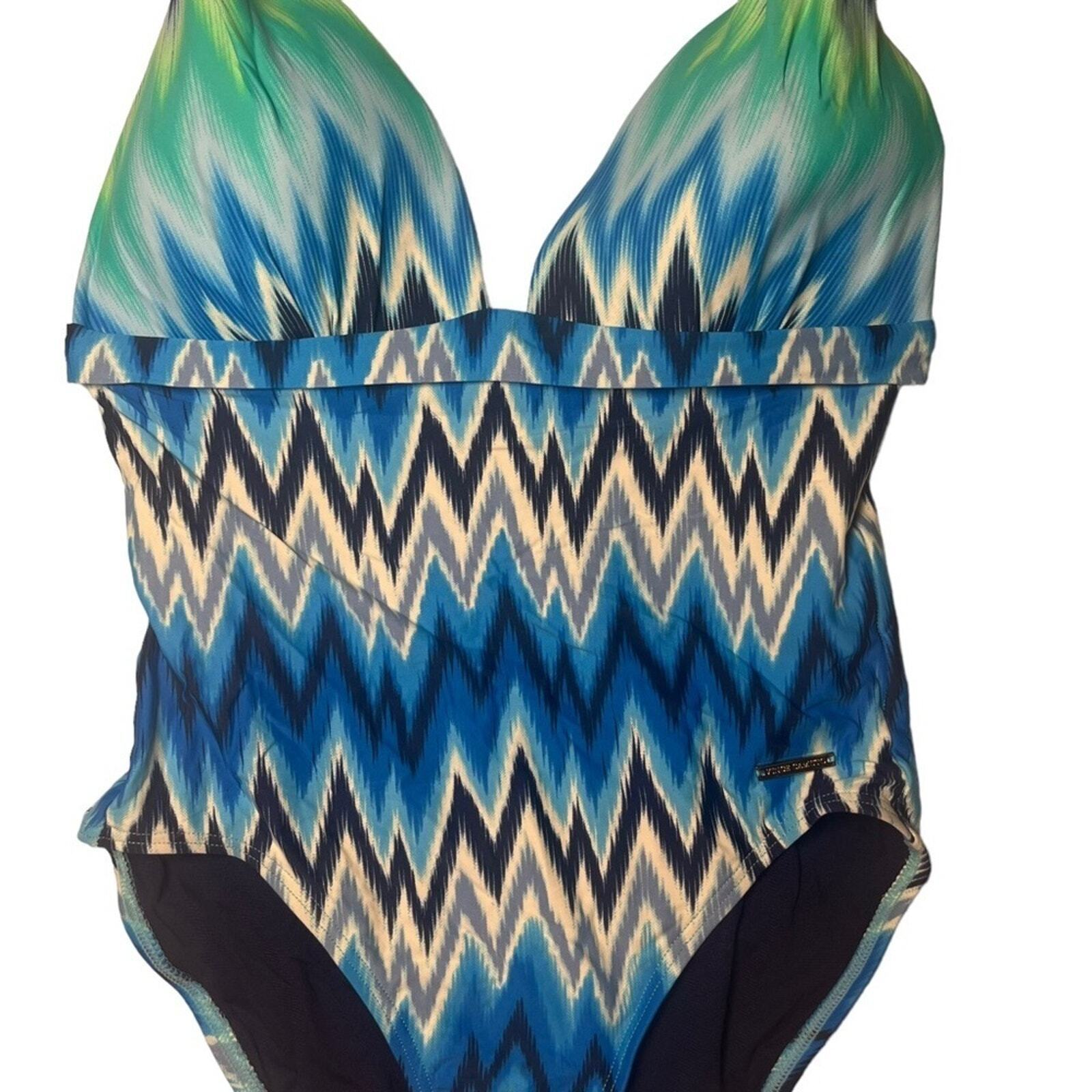 Vince Camuto Womens Swimsuit Size 12 One Piece Swim Multicolor Aztec Plunge Neck