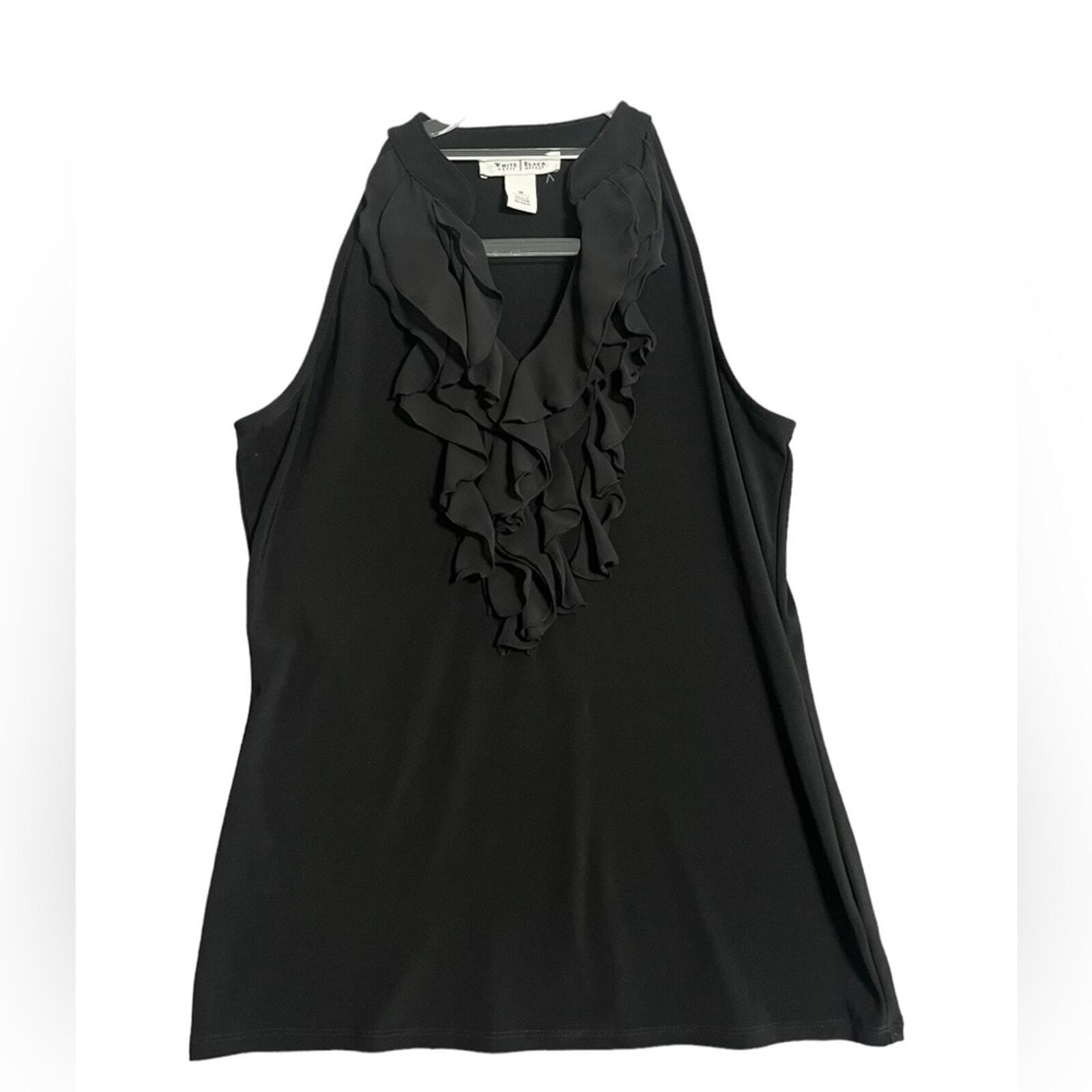 White House Black Market Womens Medium Black Sleeveless Ruffled V Neck Blouse