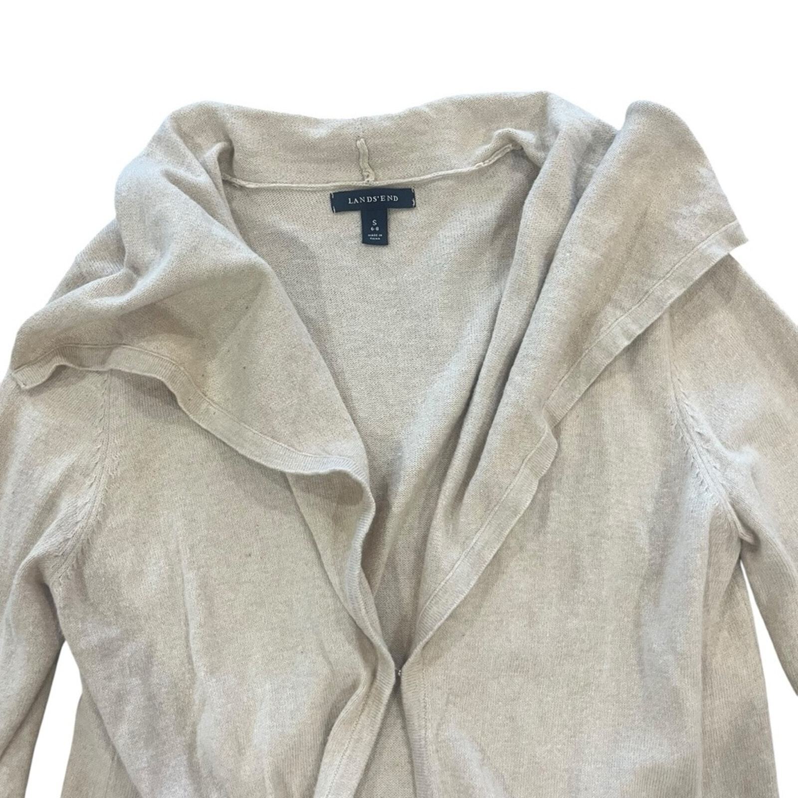 Lands End Womens Size Small Tan Long Sleeve Knit Front Clasp Cardigan Sweater