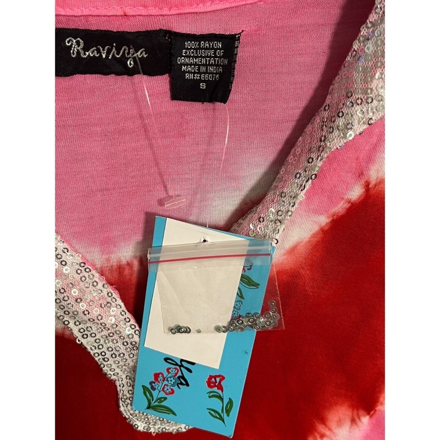 Raviya Womens Small Red Pink Tie Dyed Sequin Neck Lower Sleeve Swim Coverup NWT