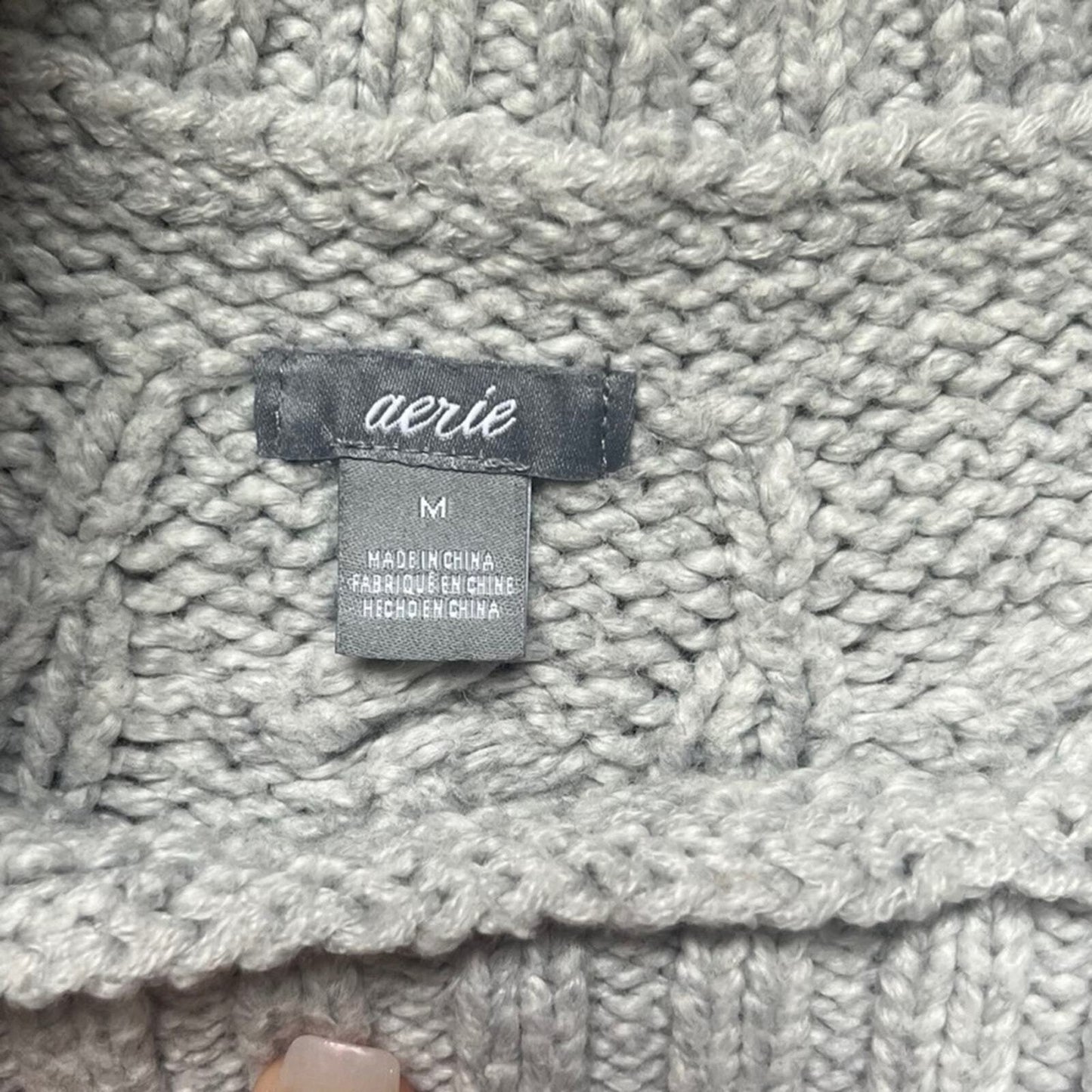 Aerie Womens Size M Gray Heavy Cotton Cable Knit Long Sleeve Sweater 