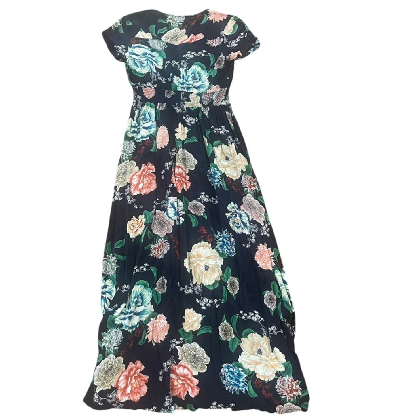 Floral Maxi Womens Size Small V Neck Short Sleeve Smock Waist Button Down Split