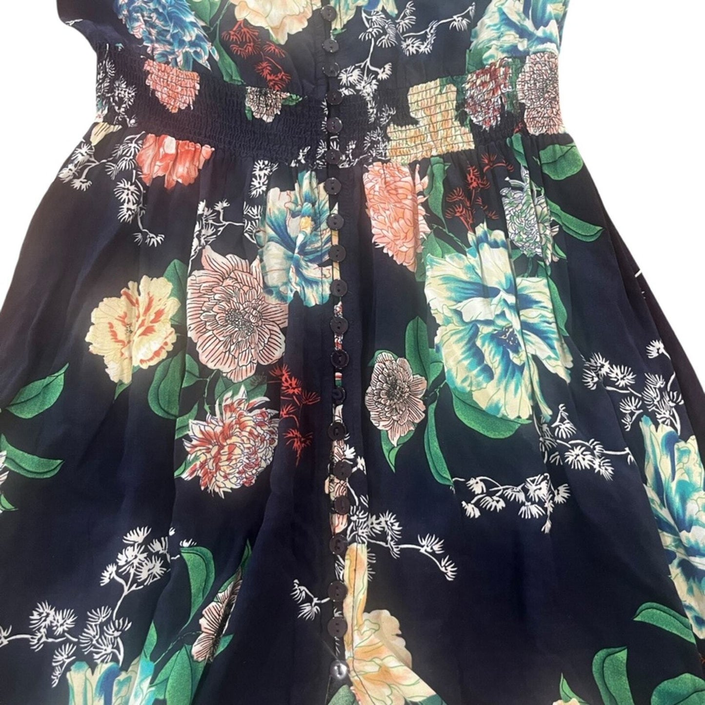 Floral Maxi Womens Size Small V Neck Short Sleeve Smock Waist Button Down Split
