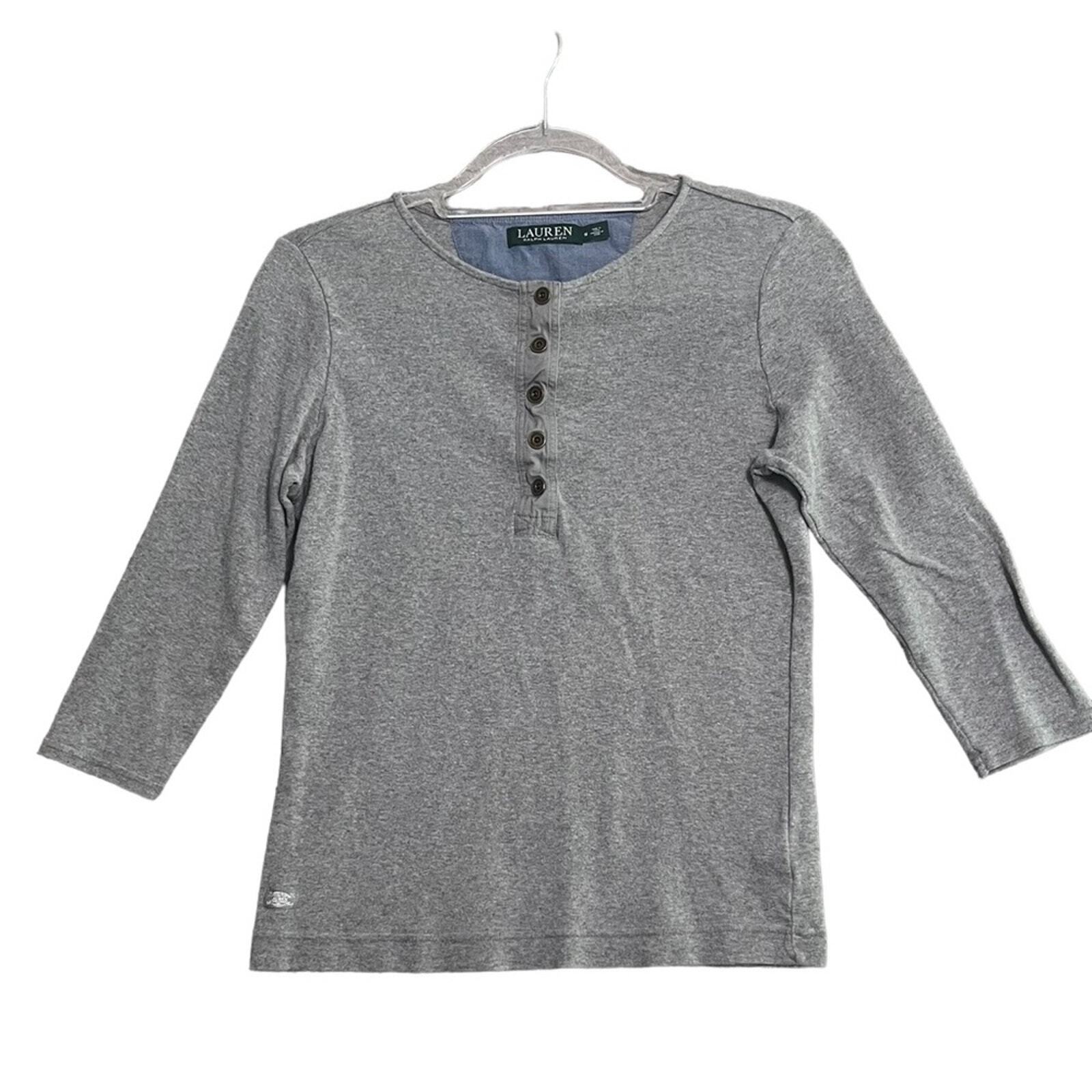 Lauren Ralph Lauren Henley Womens Medium Gray Long Sleeve 3/4 Button Down 